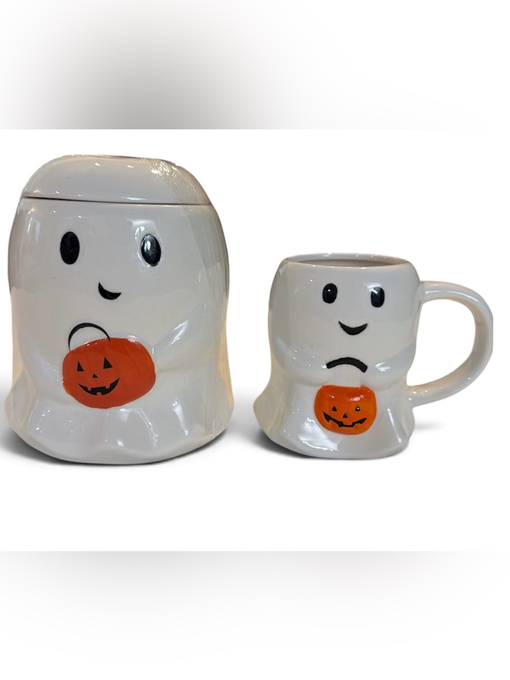 White Ghost Halloween Candy Jar and Mug Set with Orange Pumpkin Accents